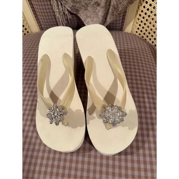 White Wedge Flip Flops with Rhinestone Embellishment - Picture 2 of 6